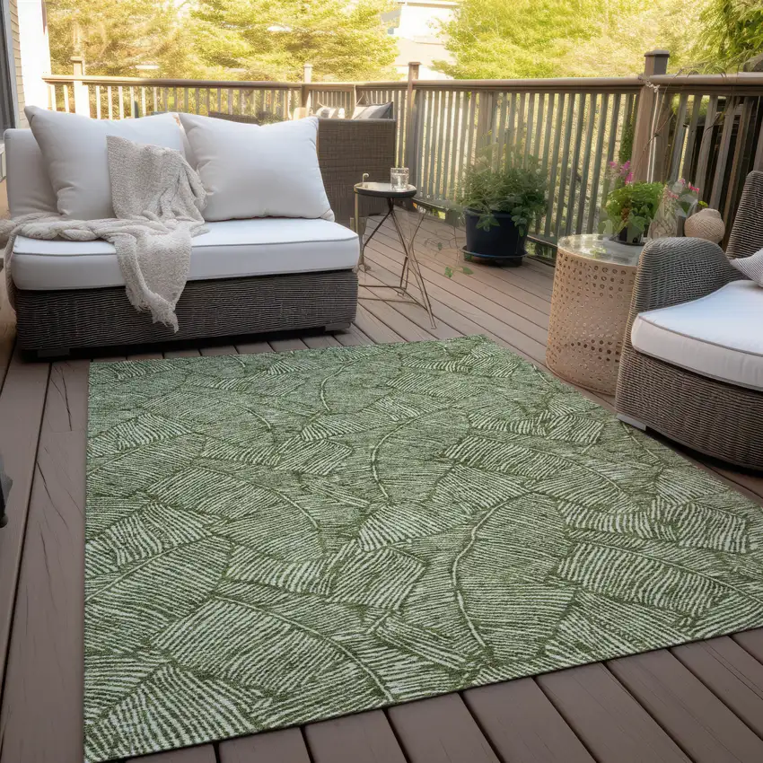 Olive Green And Light Green Floral Washable Indoor Outdoor Area Rug Photo 9