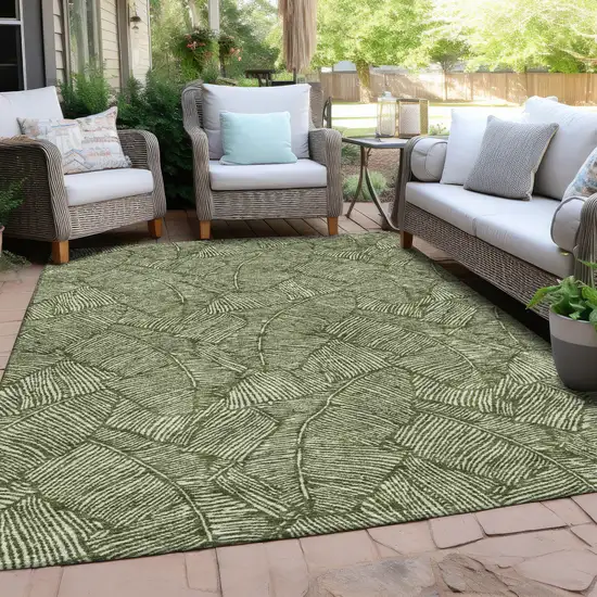 Olive Green And Light Green Floral Washable Indoor Outdoor Area Rug Photo 7