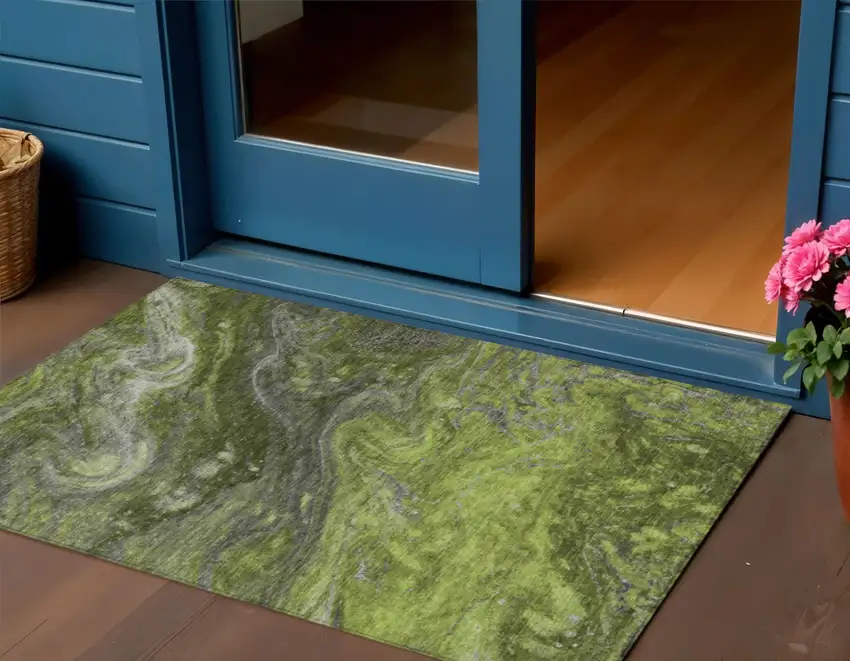 Olive Green And Lime Green Abstract Washable Indoor Outdoor Area Rug Photo 1