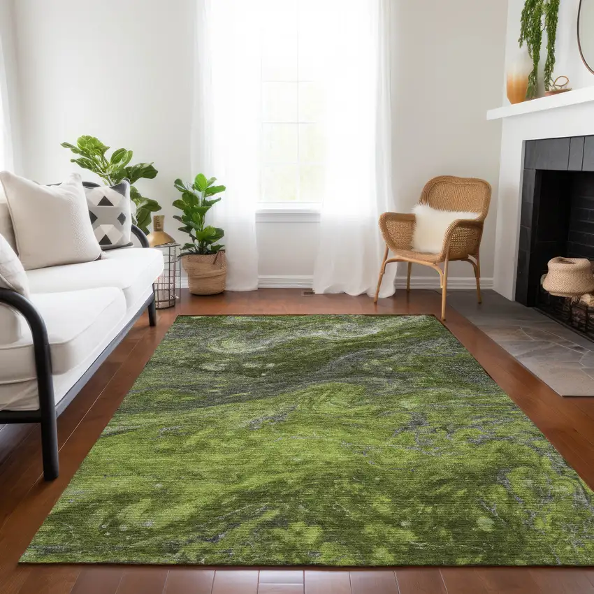 Olive Green And Lime Green Abstract Washable Indoor Outdoor Area Rug Photo 9