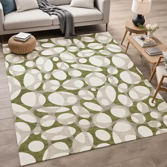 Olive Green And Linen Abstract Washable Indoor Outdoor Area Rug Photo 5
