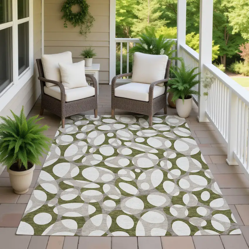 Olive Green And Linen Abstract Washable Indoor Outdoor Area Rug Photo 7