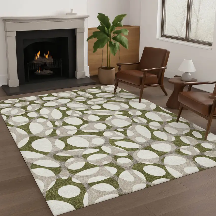 Olive Green And Linen Abstract Washable Indoor Outdoor Area Rug Photo 6