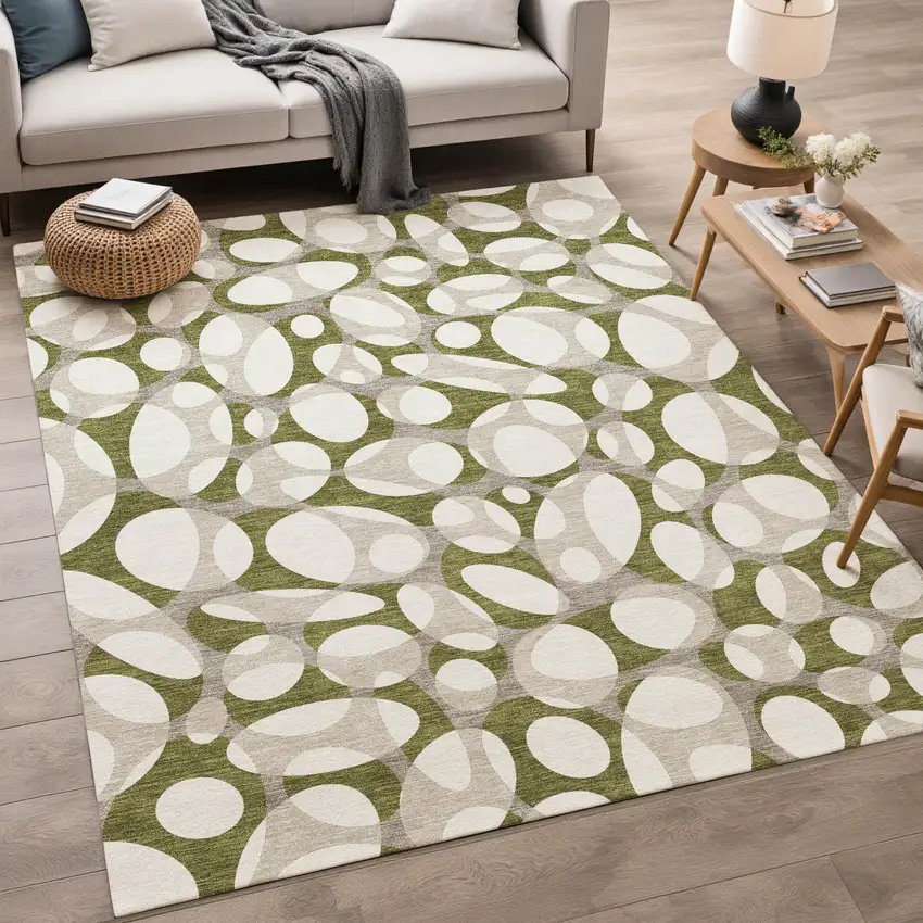 Olive Green And Linen Abstract Washable Indoor Outdoor Area Rug Photo 5