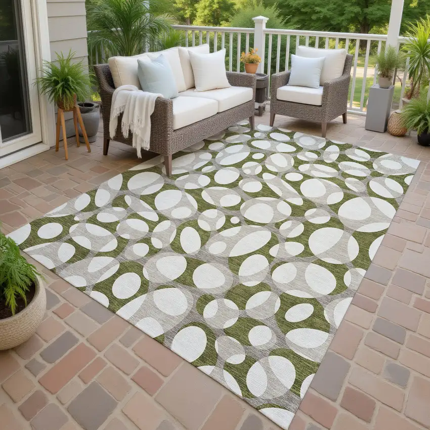 Olive Green And Linen Abstract Washable Indoor Outdoor Area Rug Photo 4