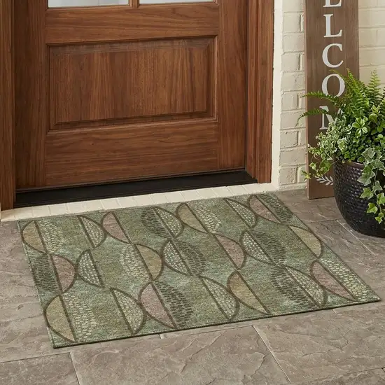 Olive Green And Linen Geometric Washable Indoor Outdoor Area Rug Photo 1
