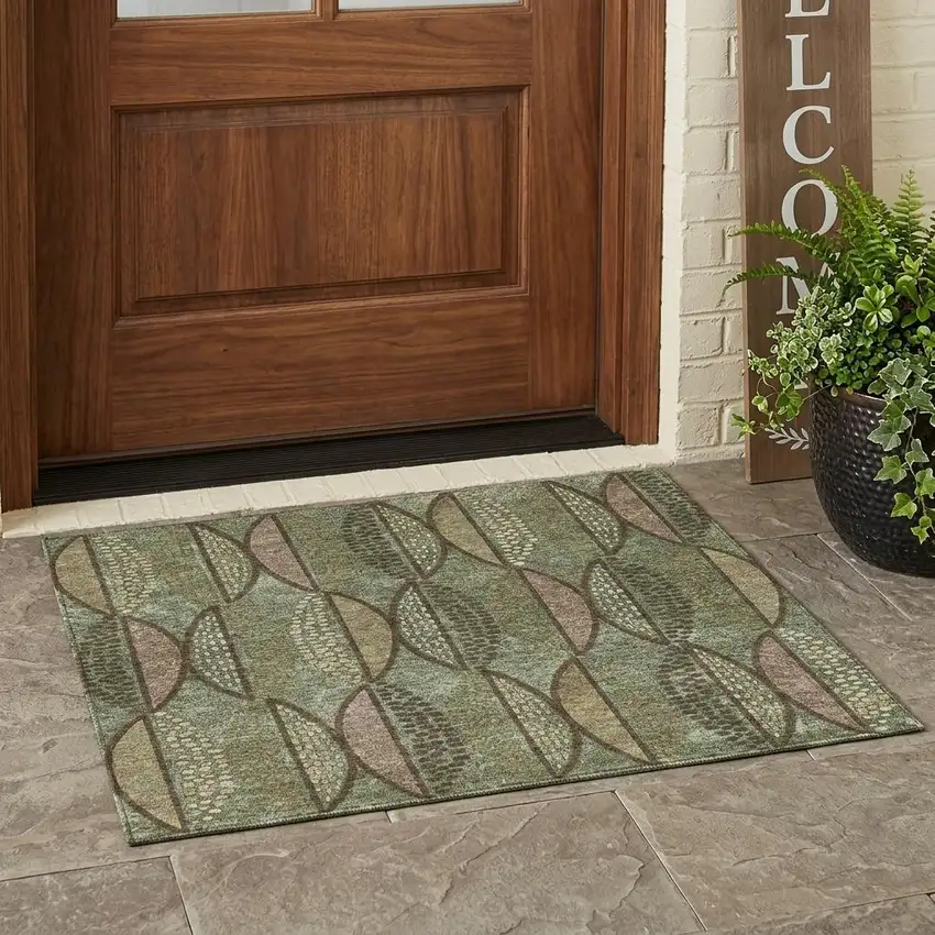 Olive Green And Linen Geometric Washable Indoor Outdoor Area Rug Photo 1