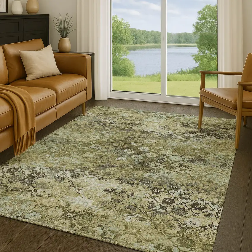 Olive Green And Mint Green Abstract Washable Indoor Outdoor Area Rug Photo 5