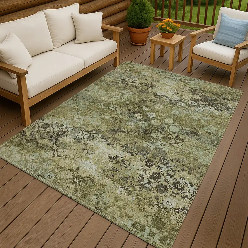 Olive Green And Mint Green Abstract Washable Indoor Outdoor Area Rug Photo 4