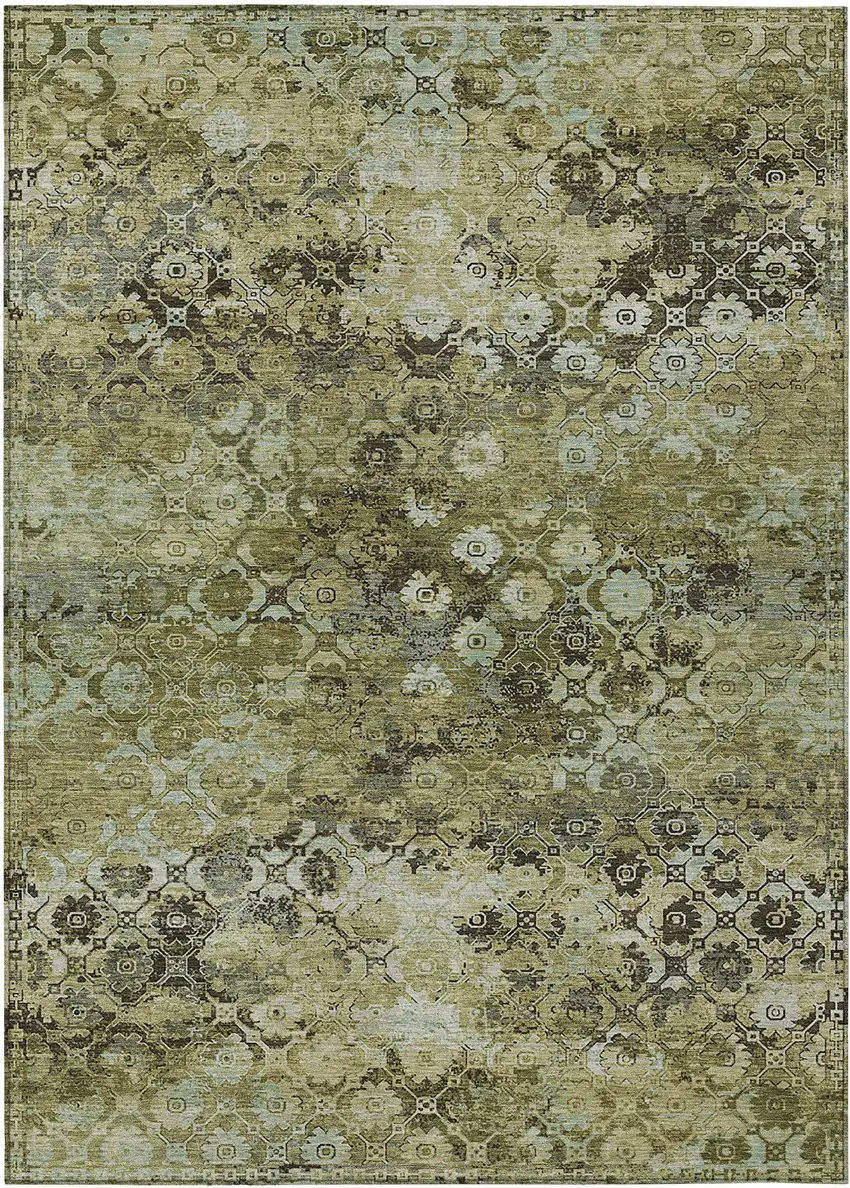 Olive Green And Mint Green Abstract Washable Indoor Outdoor Area Rug Photo 1