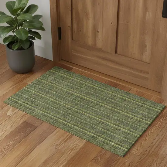 Olive Green And Navy Blue Striped Washable Area Rug With UV Protection Photo 1