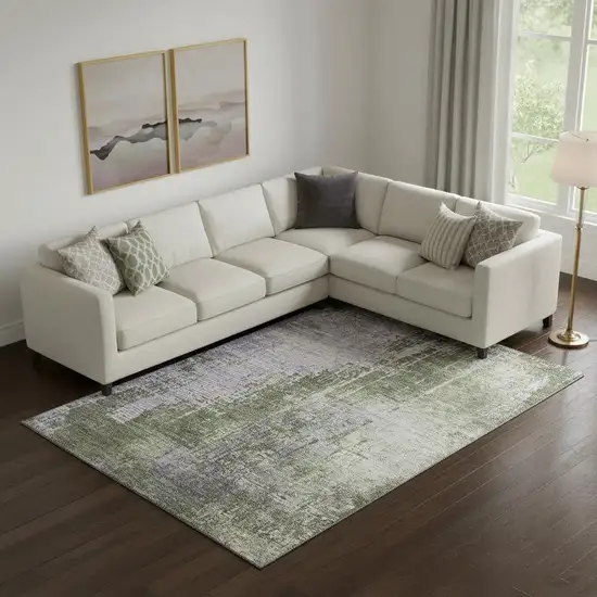 Olive Green And Purple Abstract Washable Area Rug With UV Protection Photo 1