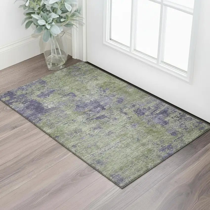 Olive Green And Purple Abstract Washable Area Rug With UV Protection Photo 2