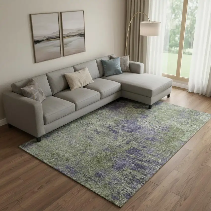 Olive Green And Purple Abstract Washable Area Rug With UV Protection Photo 2