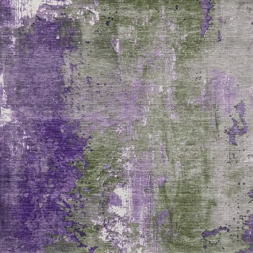 Olive Green And Purple Abstract Washable Indoor Outdoor Area Rug Photo 3