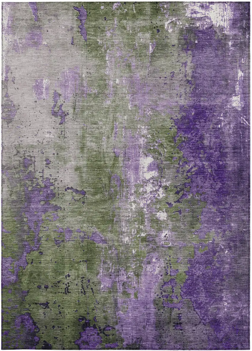 Olive Green And Purple Abstract Washable Indoor Outdoor Area Rug Photo 4