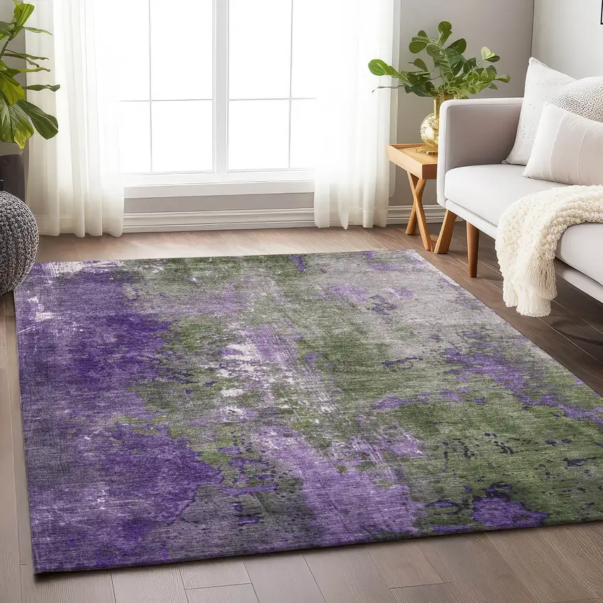 Olive Green And Purple Abstract Washable Indoor Outdoor Area Rug Photo 6