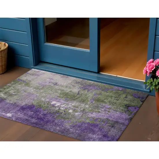 Olive Green And Purple Abstract Washable Indoor Outdoor Area Rug Photo 2