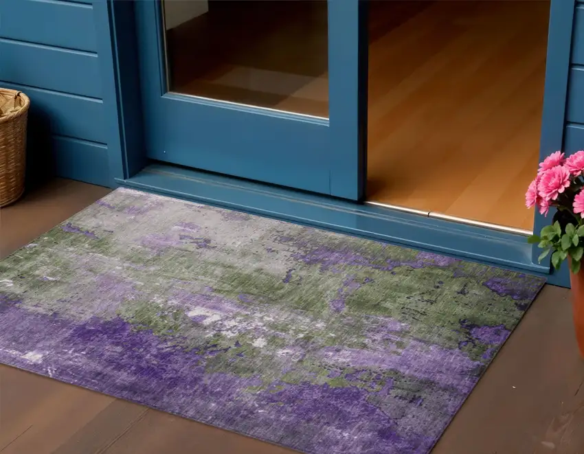 Olive Green And Purple Abstract Washable Indoor Outdoor Area Rug Photo 2