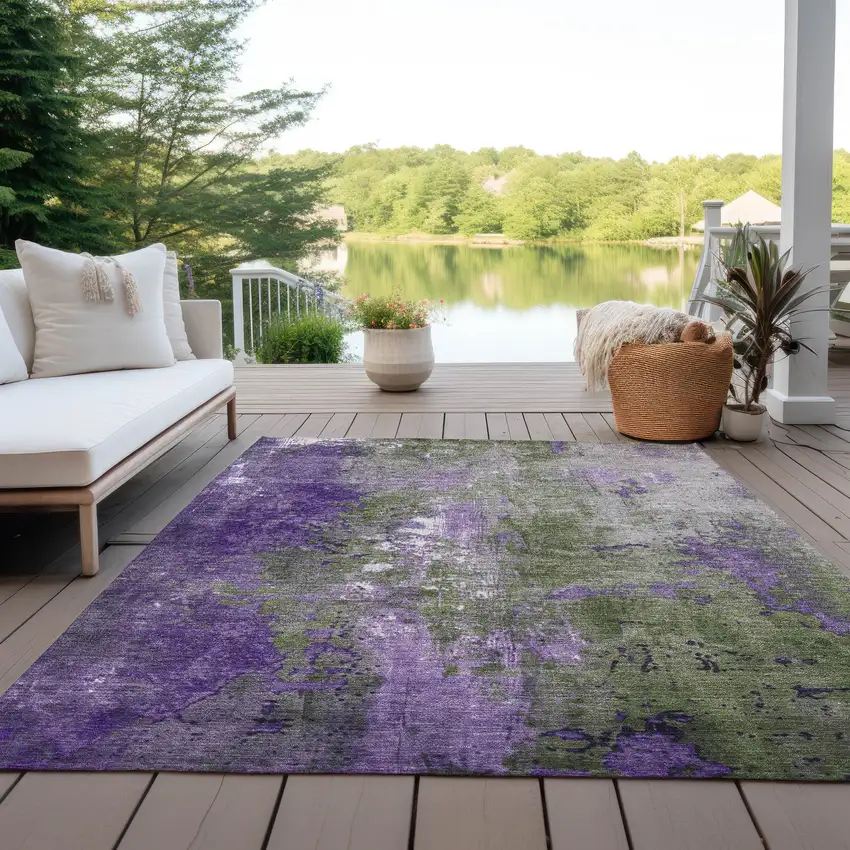 Olive Green And Purple Abstract Washable Indoor Outdoor Area Rug Photo 5