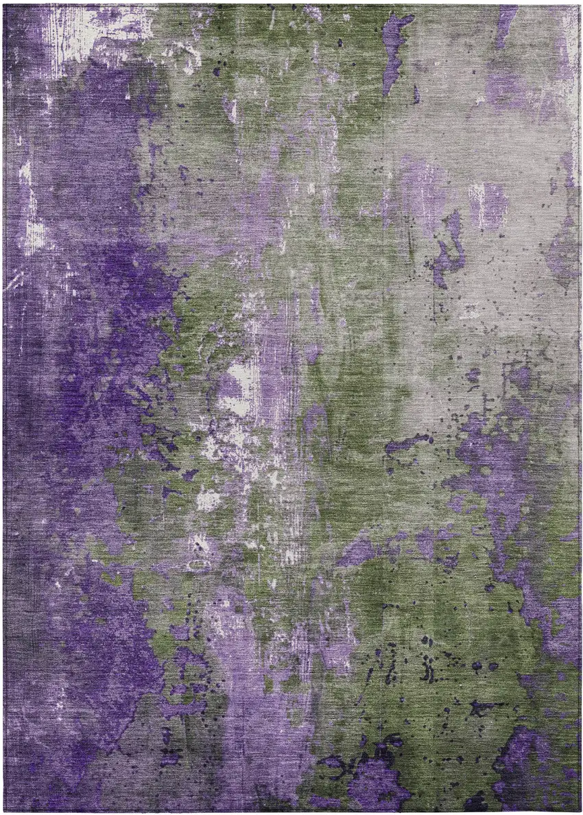 Olive Green And Purple Abstract Washable Indoor Outdoor Area Rug Photo 1