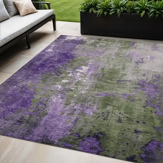Olive Green And Purple Abstract Washable Indoor Outdoor Area Rug Photo 2
