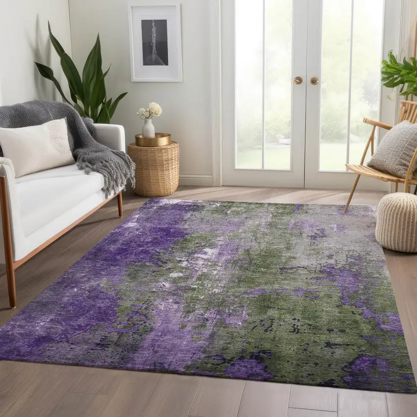 Olive Green And Purple Abstract Washable Indoor Outdoor Area Rug Photo 7