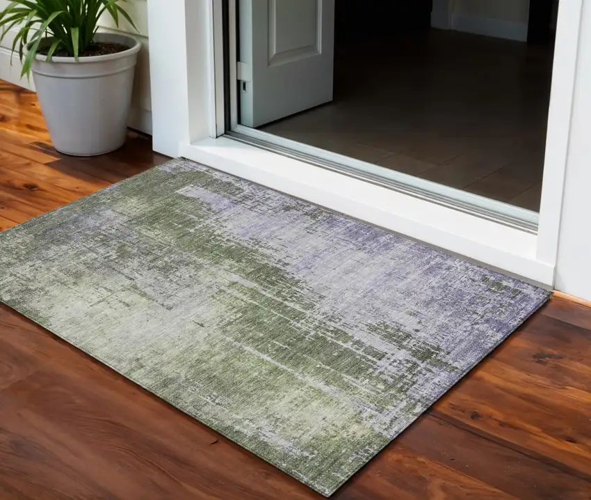 Olive Green And Purple Abstract Washable Indoor Outdoor Area Rug Photo 1