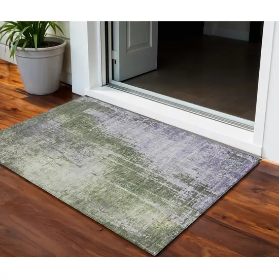 Olive Green And Purple Abstract Washable Indoor Outdoor Area Rug Photo 1