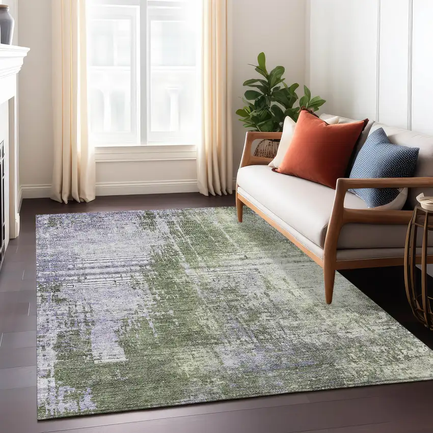Olive Green And Purple Abstract Washable Indoor Outdoor Area Rug Photo 9