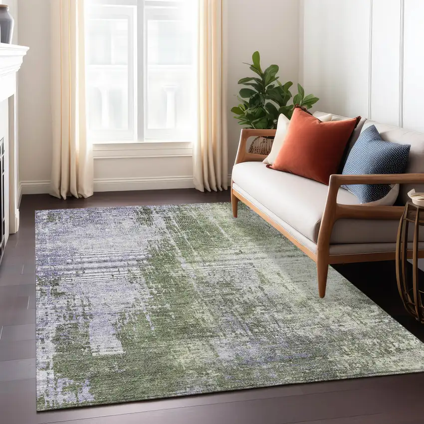 Olive Green And Purple Abstract Washable Indoor Outdoor Area Rug Photo 9