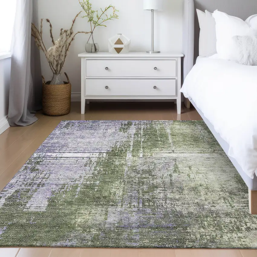Olive Green And Purple Abstract Washable Indoor Outdoor Area Rug Photo 8