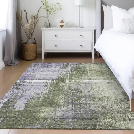 Olive Green And Purple Abstract Washable Indoor Outdoor Area Rug Photo 9