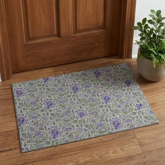 Olive Green And Purple Floral Washable Area Rug With UV Protection Photo 1