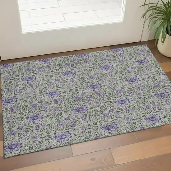 Olive Green And Purple Floral Washable Area Rug With UV Protection Photo 1