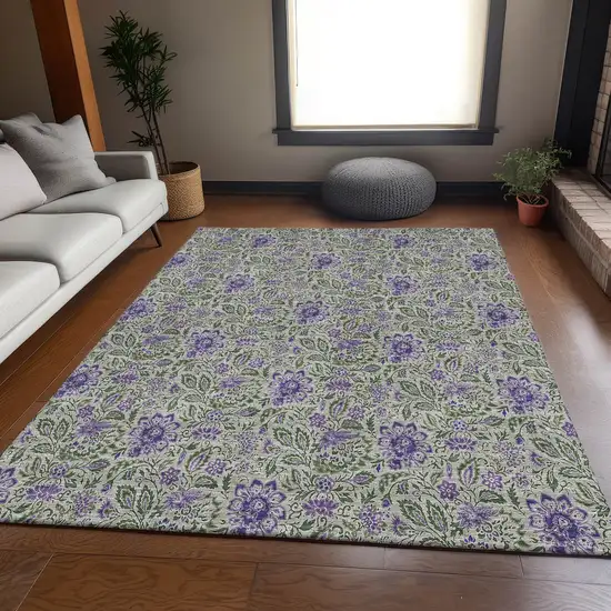 Olive Green And Purple Floral Washable Area Rug With UV Protection Photo 3