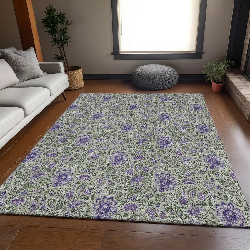 Olive Green And Purple Floral Washable Area Rug With UV Protection Photo 3