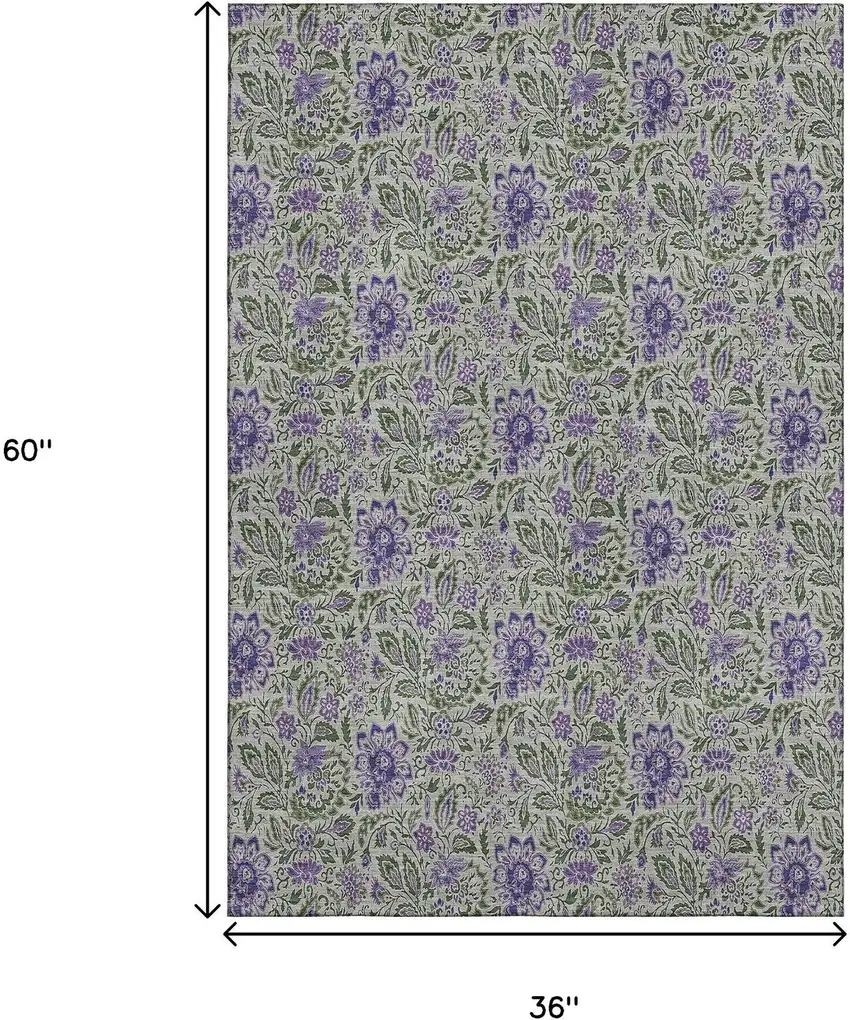 Olive Green And Purple Floral Washable Area Rug With UV Protection Photo 5