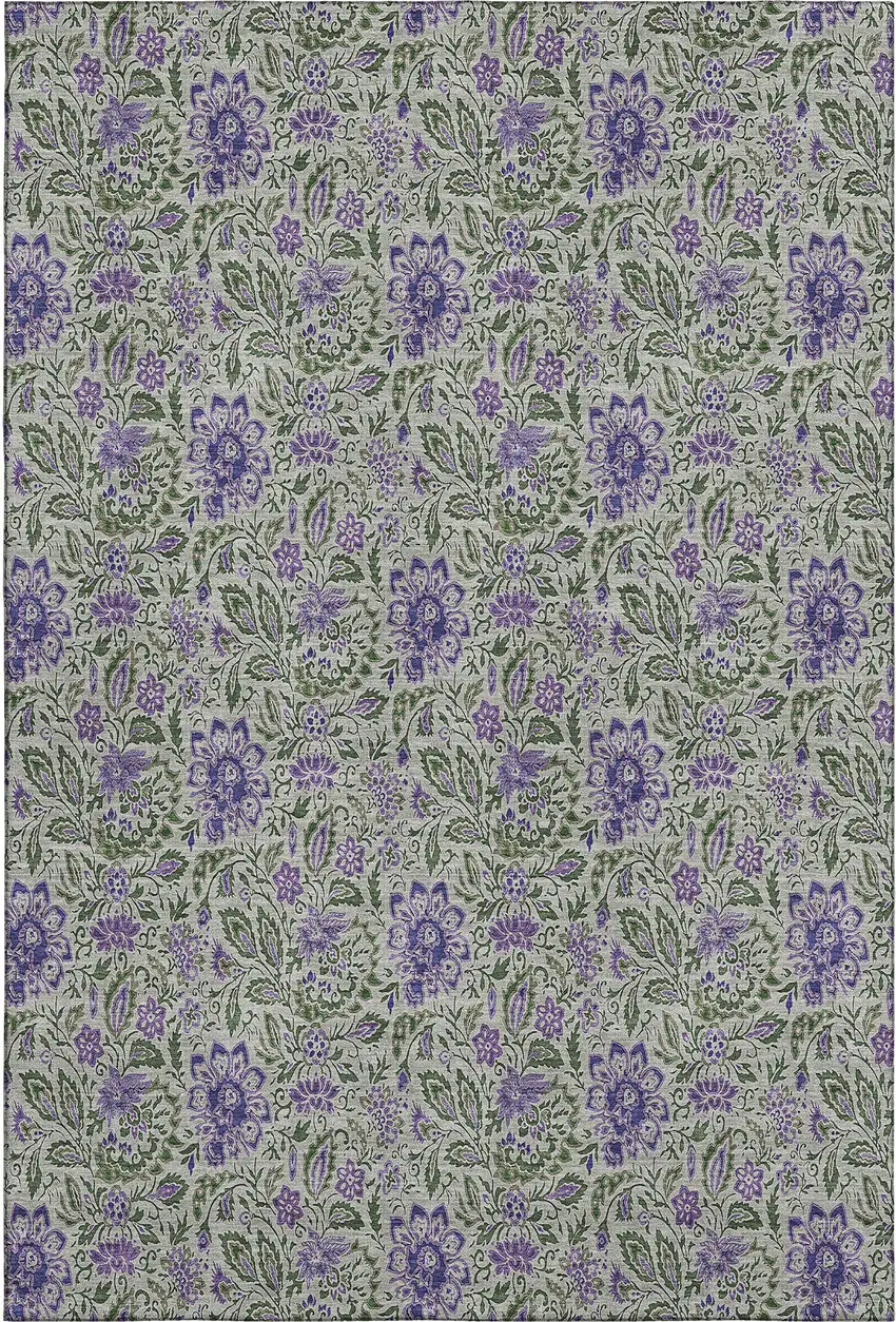 Olive Green And Purple Floral Washable Area Rug With UV Protection Photo 1