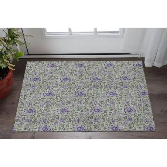 Olive Green And Purple Floral Washable Area Rug With UV Protection Photo 2