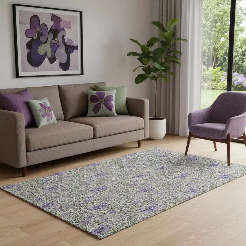 Olive Green And Purple Floral Washable Area Rug With UV Protection Photo 1