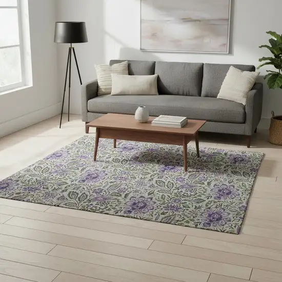 Olive Green And Purple Floral Washable Area Rug With UV Protection Photo 1