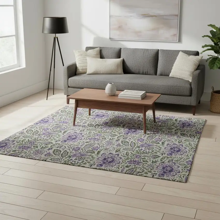 Olive Green And Purple Floral Washable Area Rug With UV Protection Photo 1