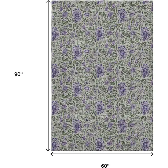 Olive Green And Purple Floral Washable Area Rug With UV Protection Photo 3