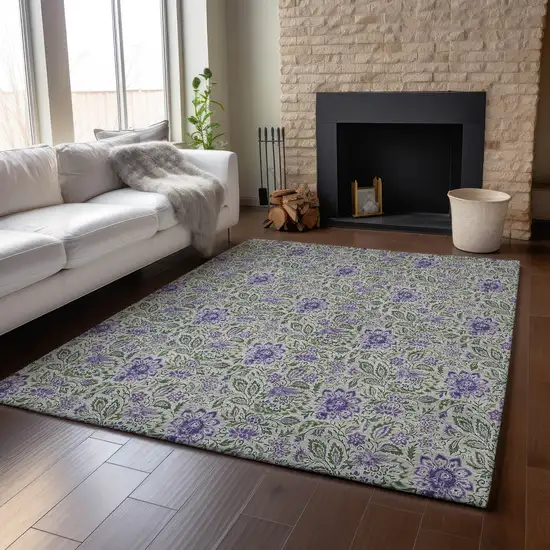 Olive Green And Purple Floral Washable Area Rug With UV Protection Photo 4