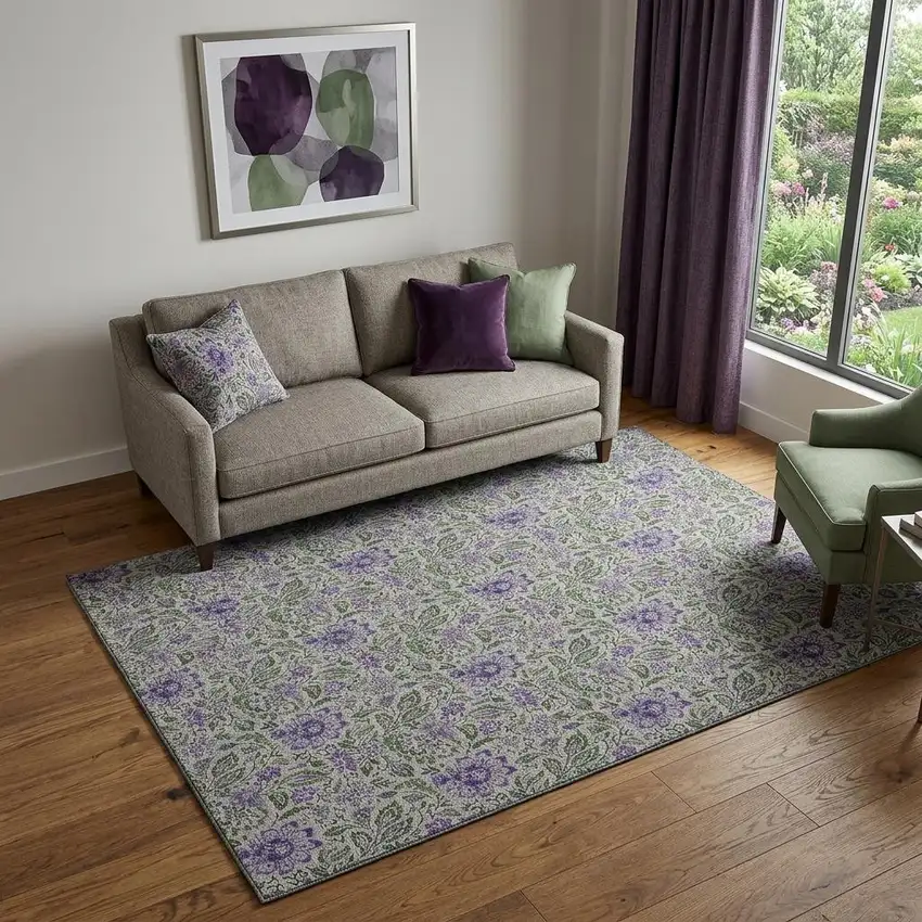 Olive Green And Purple Floral Washable Area Rug With UV Protection Photo 1