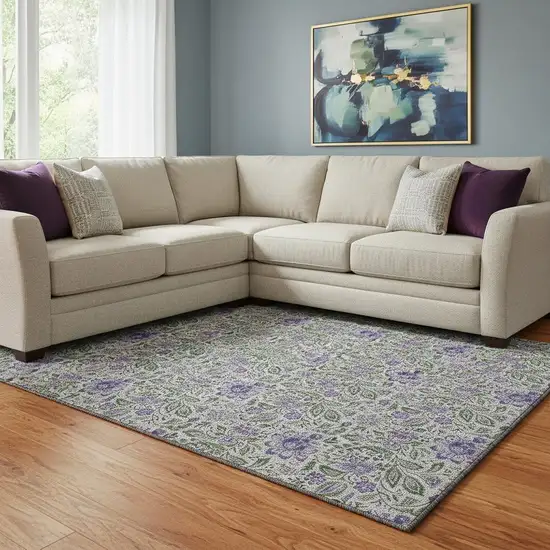 Olive Green And Purple Floral Washable Area Rug With UV Protection Photo 1