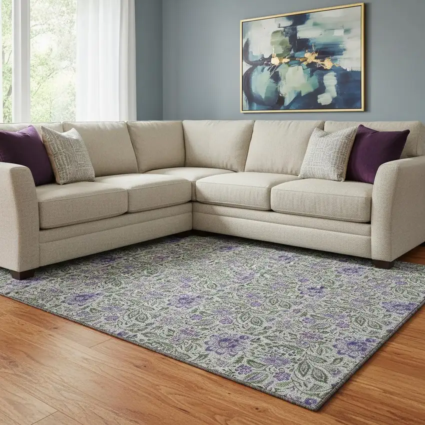 Olive Green And Purple Floral Washable Area Rug With UV Protection Photo 1