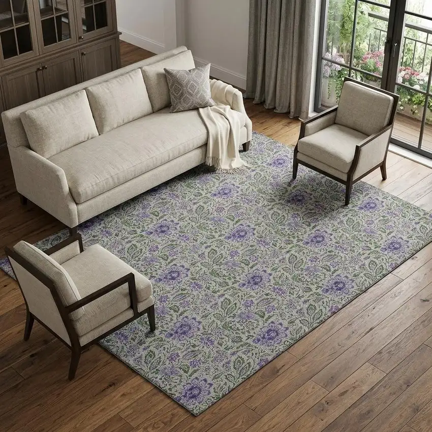 Olive Green And Purple Floral Washable Area Rug With UV Protection Photo 1