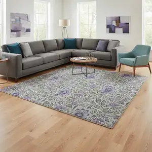 Photo of Olive Green And Purple Floral Washable Area Rug With UV Protection